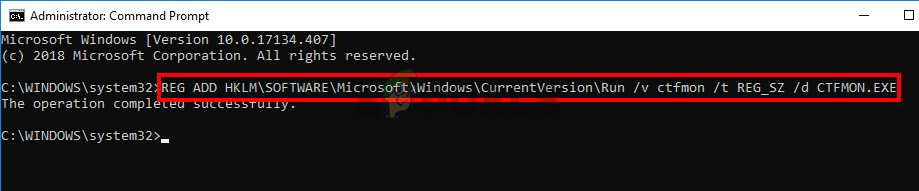 Type REG ADD HKLM.SOFTWARE.Microsoft.Windows.CurrentVersion.Run /v ctfmon /t REG_SZ /d CTFMON.EXE in cmd